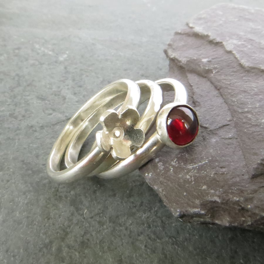 Garnet stacking ring set, January birthstone jewellery