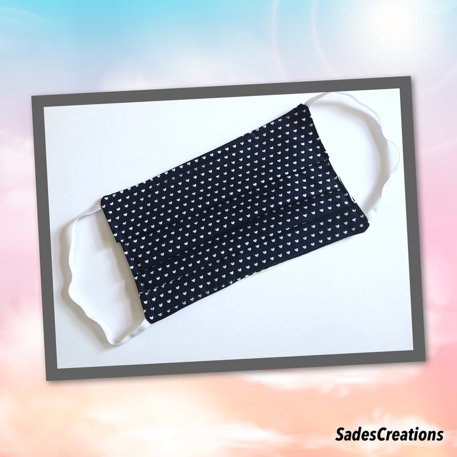 Two Layer Face Covering with Nose Wire in Navy Hearts. 100% Cotton