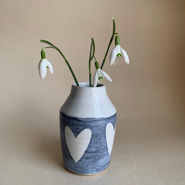 Small Bud Vase, Blue with White Heart decoration 