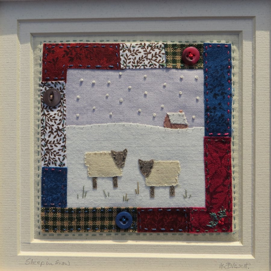 Sheep in Snow small framed hand-stitched textile -  nursery wall ?