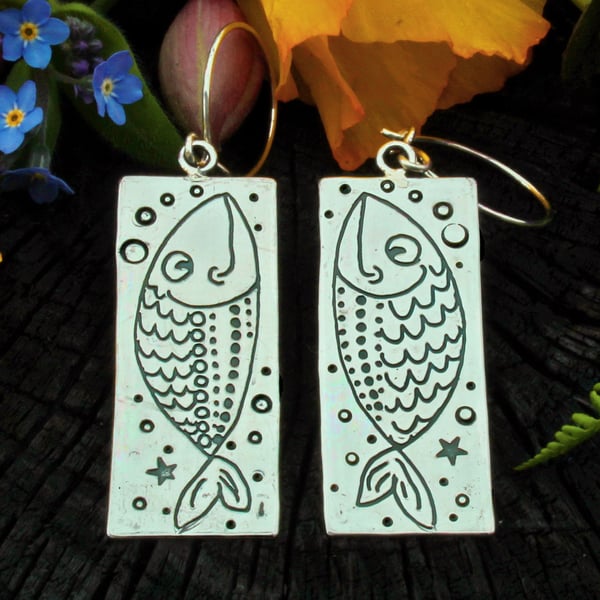 Fish earrings, goldfish, long silver earrings, hallmarked, animal earrings