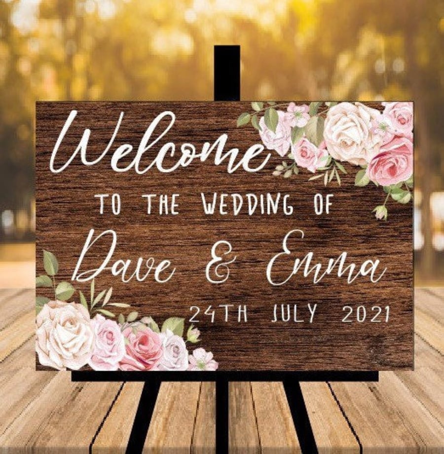 Personalised Rustic Wedding Sign - Dark Wood - Pink Flowers.
