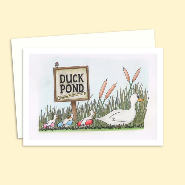 Cute Ducks Greeting Card: Pencil Illustration of a Duck Family Outing (213)
