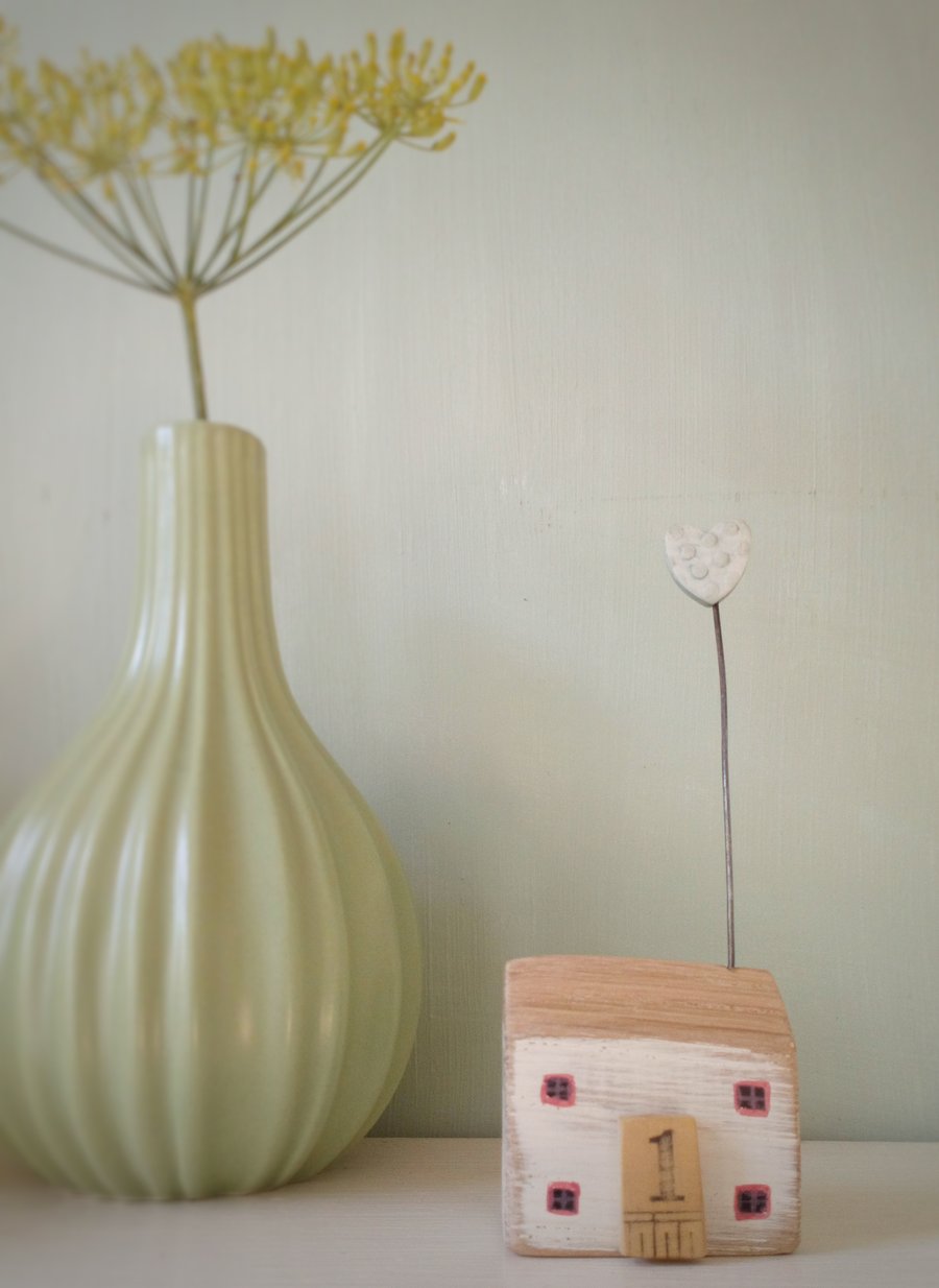 SALE - Little wooden home with a clay heart