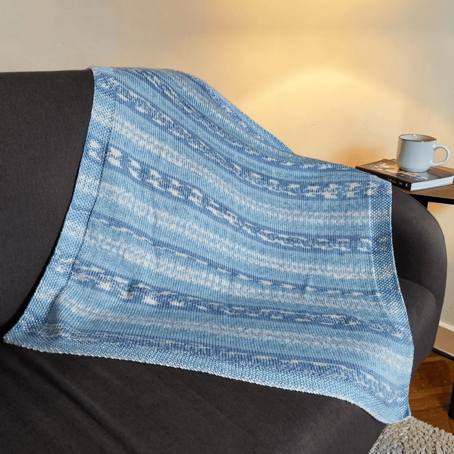 Hand Knitted Blue Baby Blanket Fair Isle Pram Blanket Gift