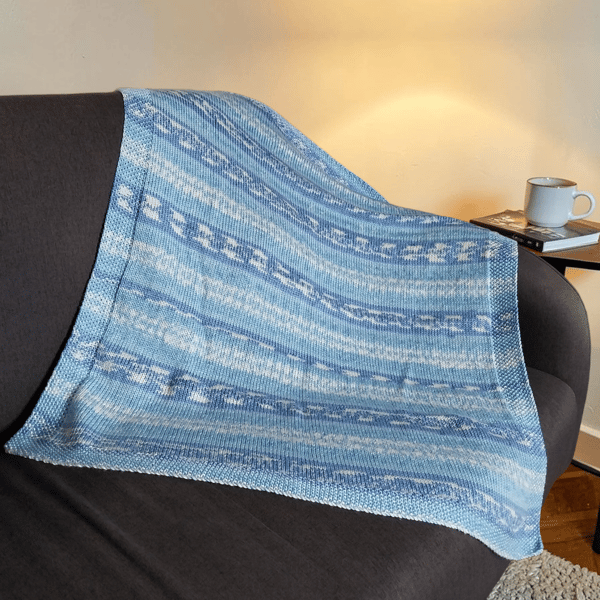 Hand Knitted Blue Baby Blanket Fair Isle Pram Blanket Gift