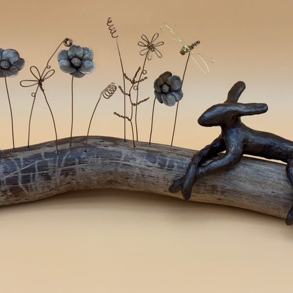 Driftwood, Clay and Wire Sculpture - Resting Hare