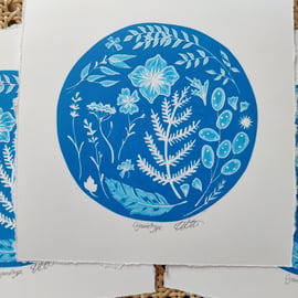 Cyanotype Botanical Reduction Original Lino Print 