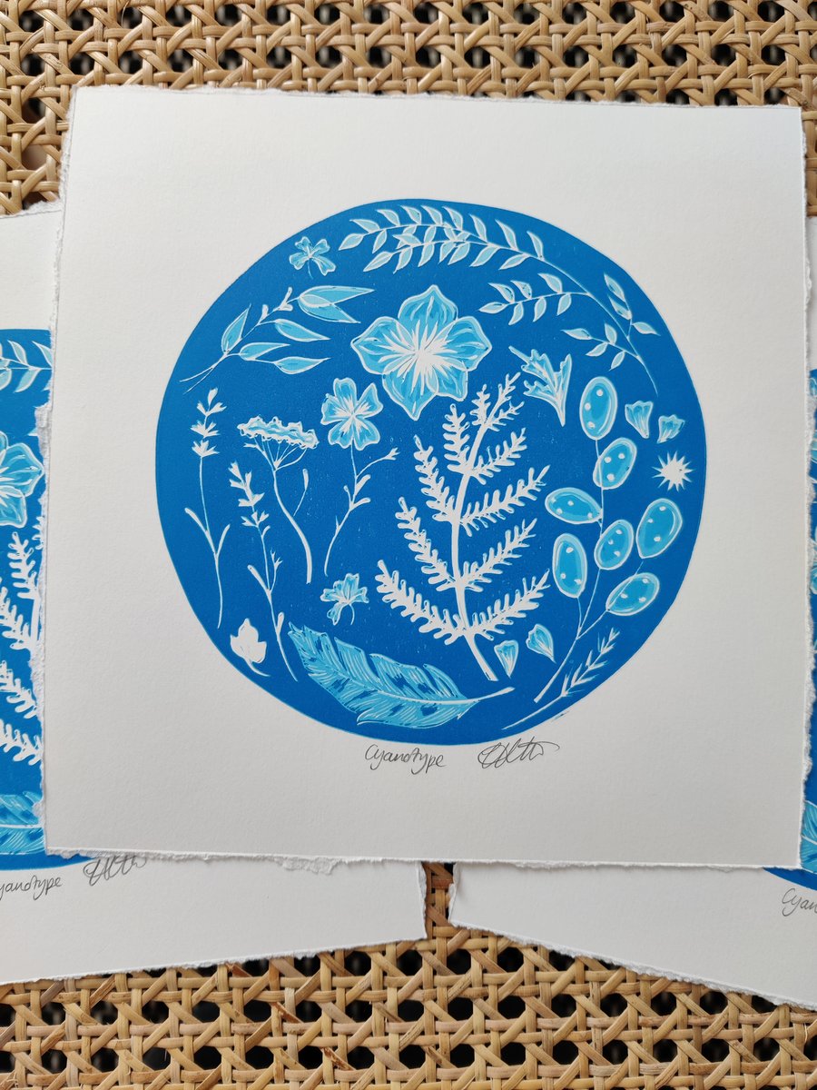 Cyanotype Botanical Reduction Original Lino Print 