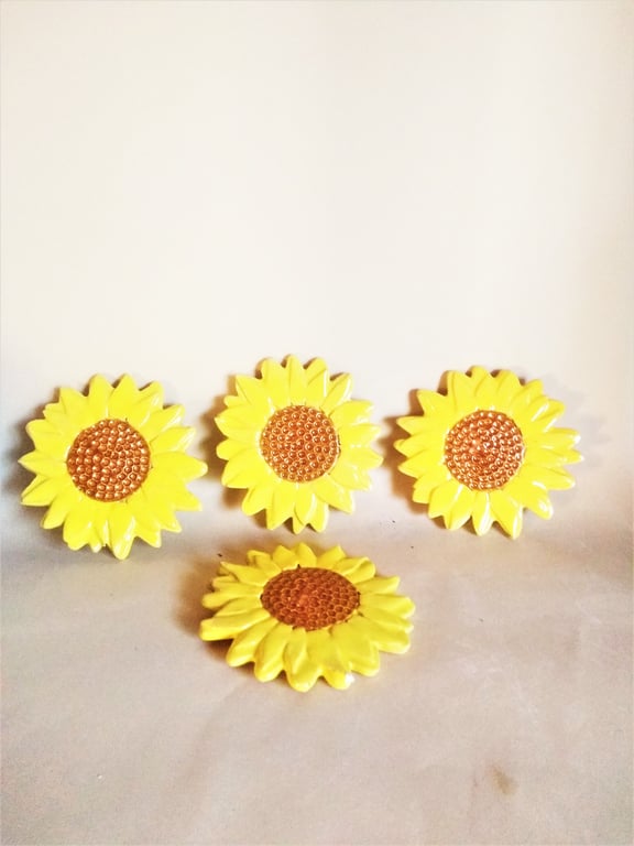 4 small Sunflowers hanging wall art, Ceramic hand made Sunflower plaque set of 4