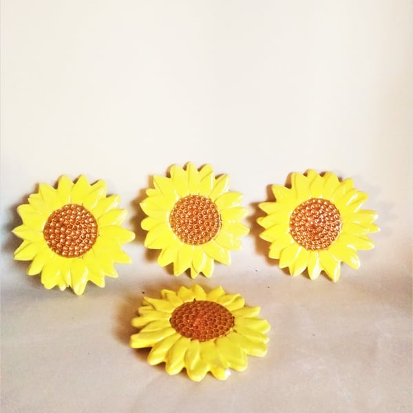 4 small Sunflowers hanging wall art, Ceramic hand made Sunflower plaque set of 4
