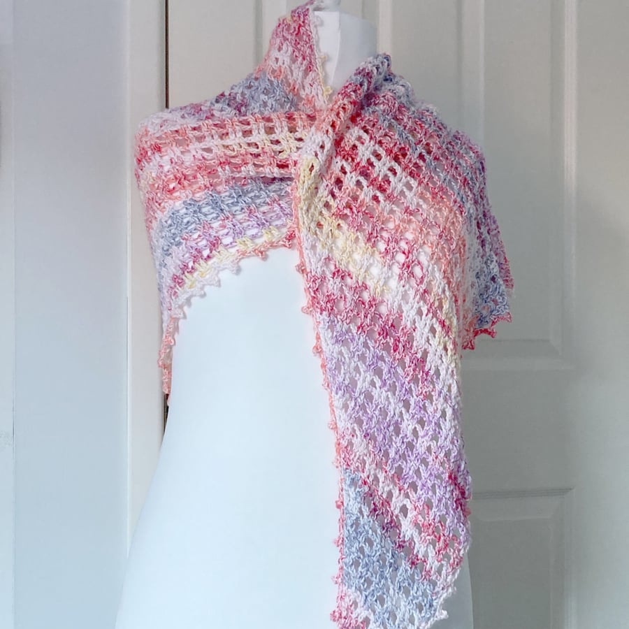 Crocheted Summer Cotton Mesh Shawl with a Picot Edge 