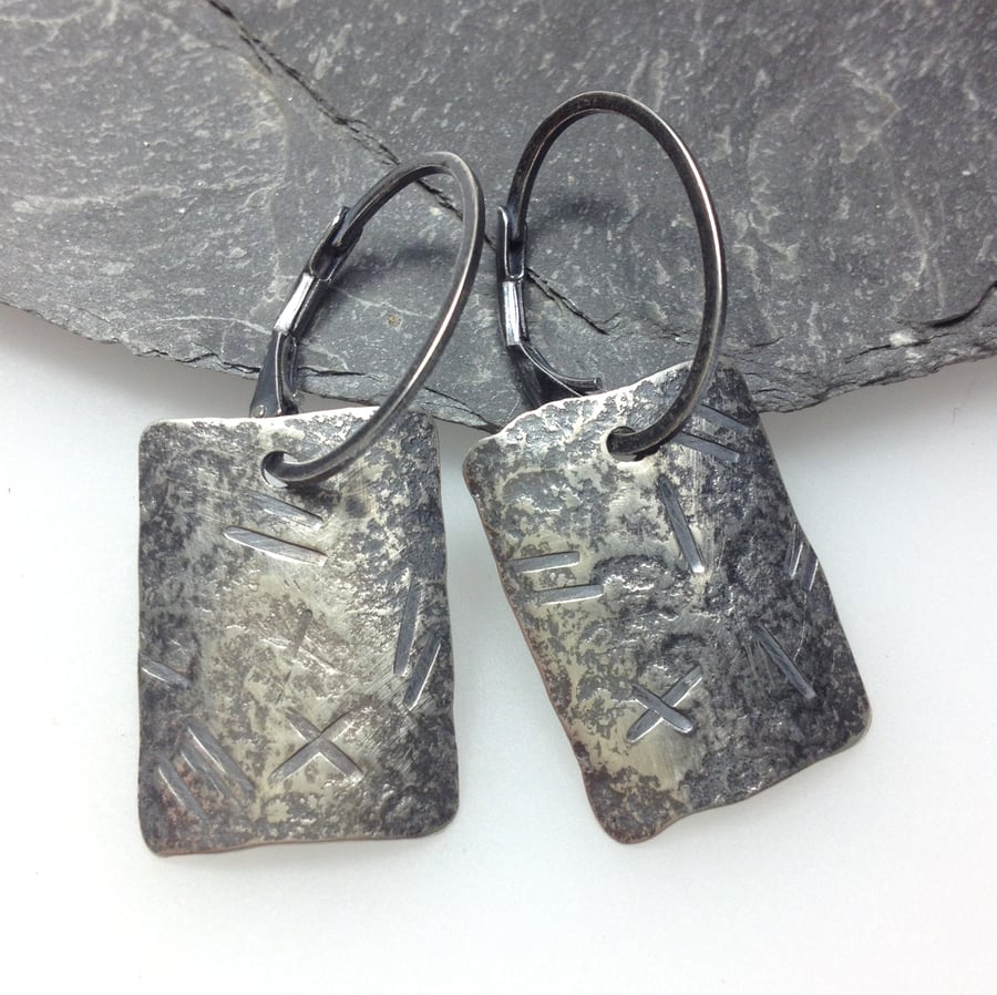 Silver earrings, oxidised rectangular earrings