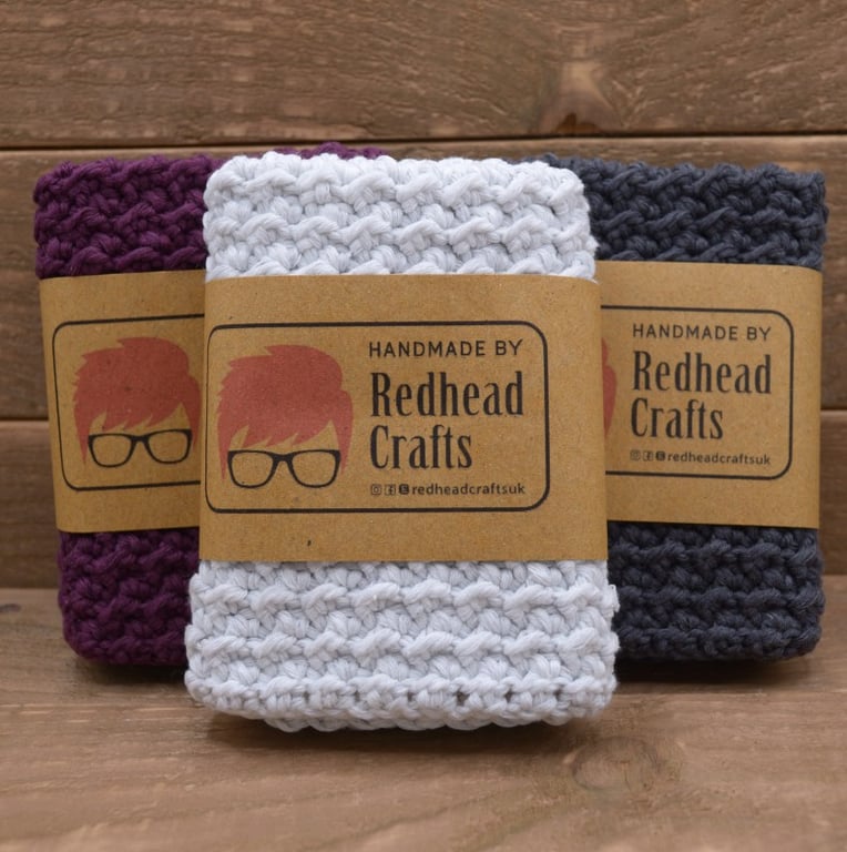 Set of 3 Crochet Washcloths, Eco Cotton Face Cloth Pack, Purple, Grey and White
