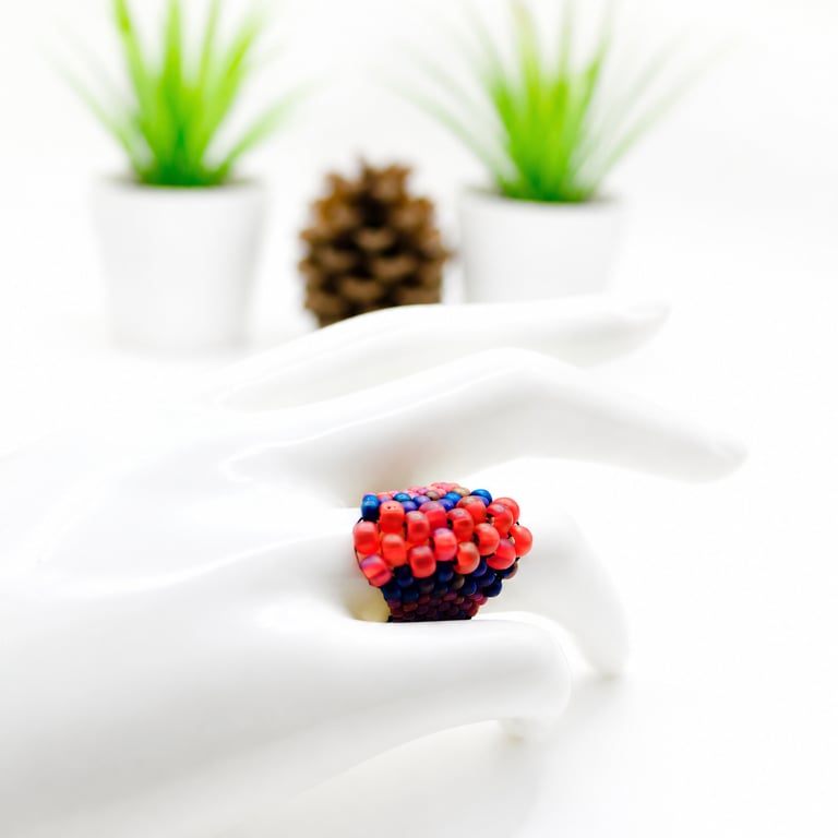 Handmade Beaded Statement Ring In Pink and Purple, Size P