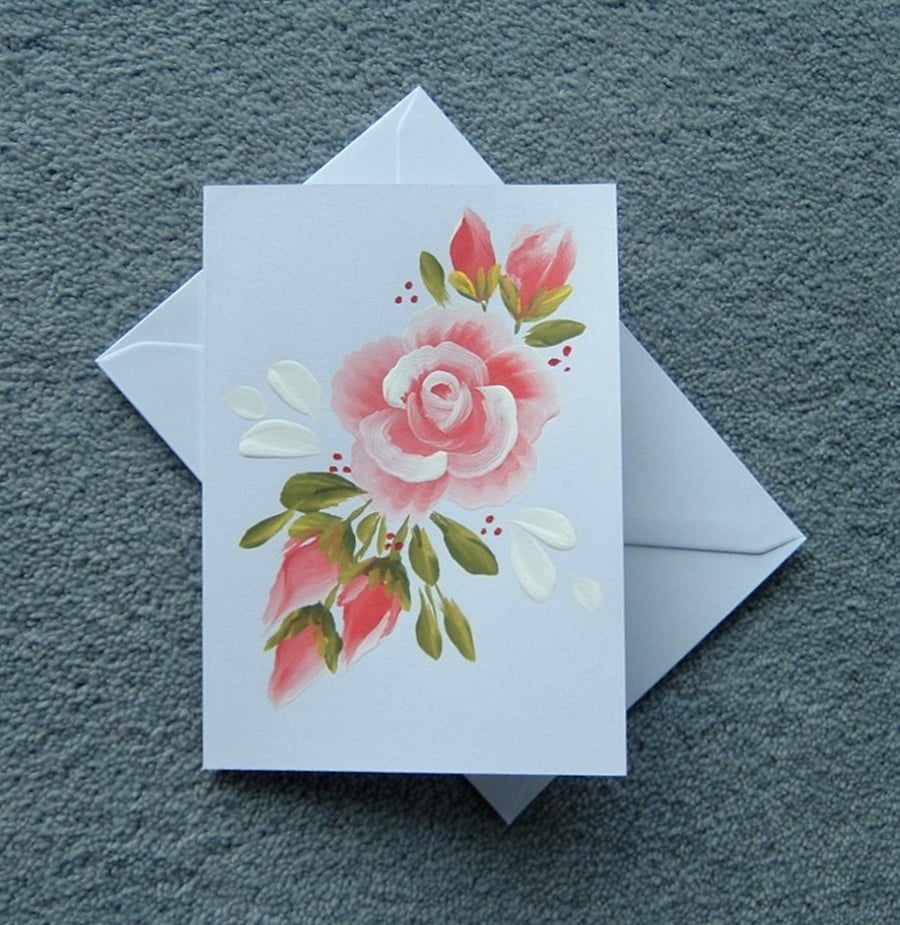 hand painted roses floral blank greetings card ( ref F 299 )