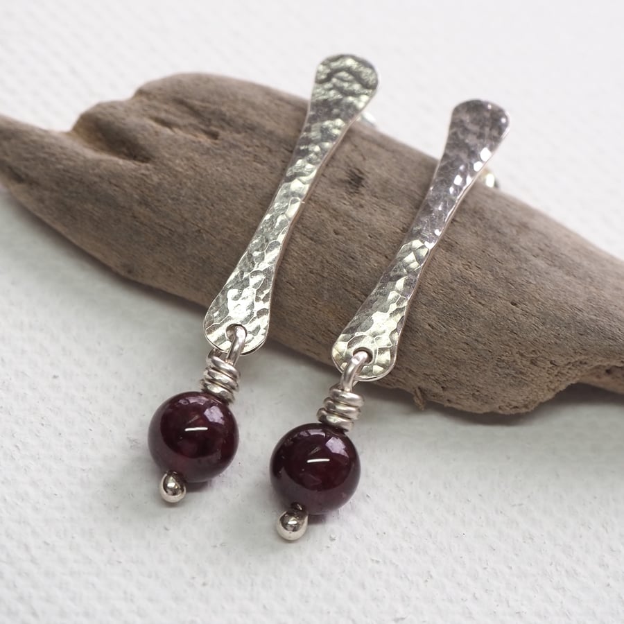 Sterling silver forged rod earrings with garnet, handmade dangle stud earrings