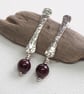 Sterling silver forged rod earrings with garnet, handmade dangle stud earrings
