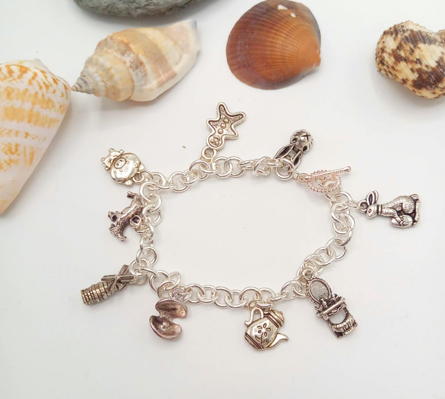 Fairy Tales Silver Plated Charm Bracelet with 9 Charms on a Silver Plated Chain