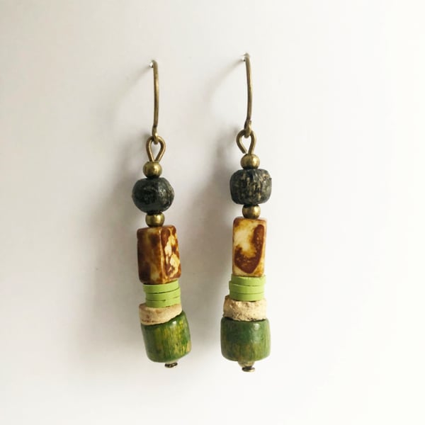 Earthy green, brown, off white African inspired bead drop earrings