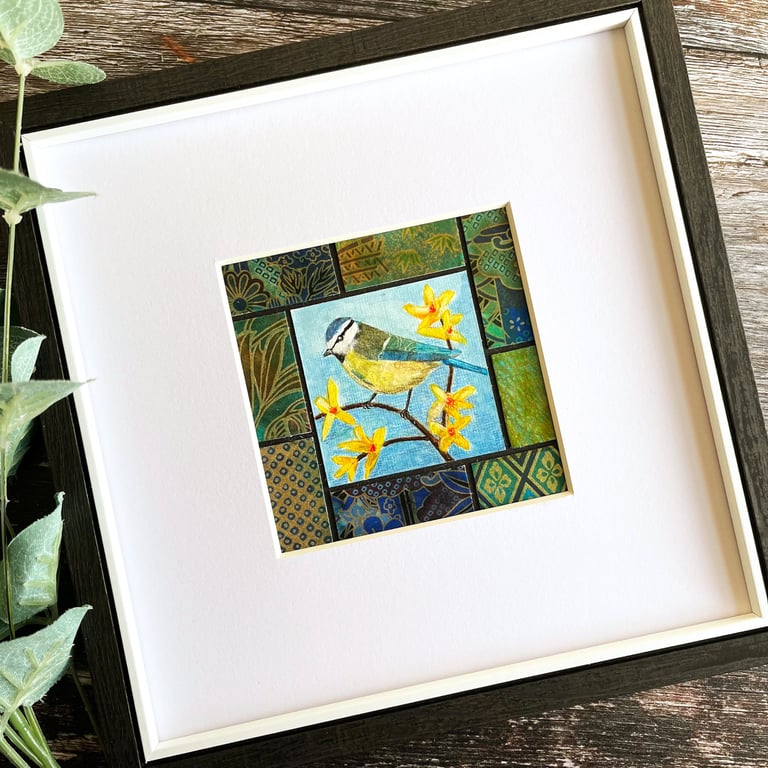 Mixed media picture of blue tit - gift for bird lover