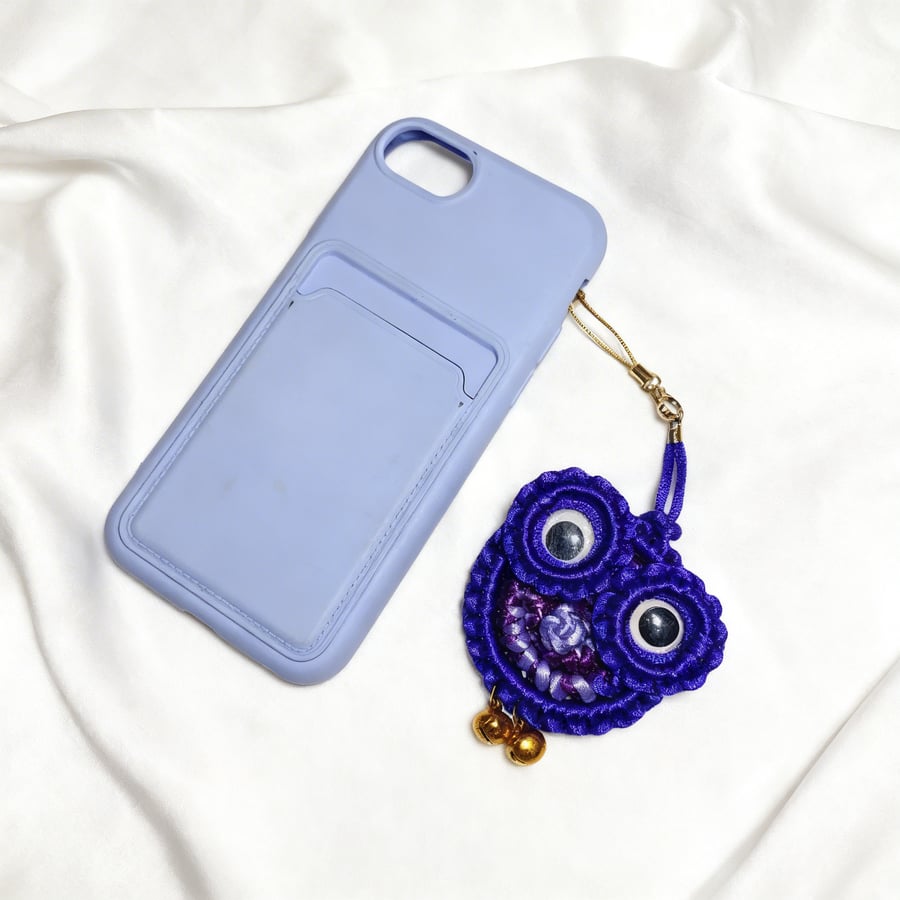 Handmade Purple Owl Charm – Macramé Phone or Bag Accessory with Bells