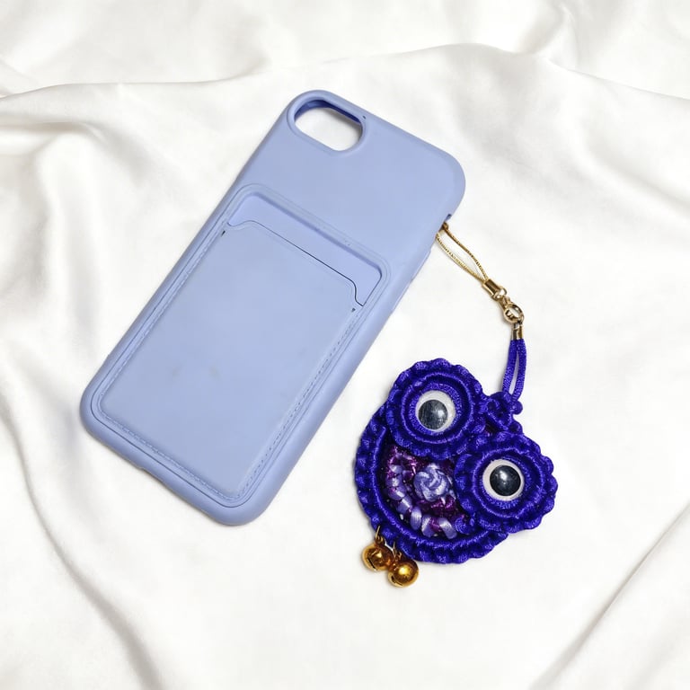 Handmade Purple Owl Charm – Macramé Phone or Bag Accessory with Bells