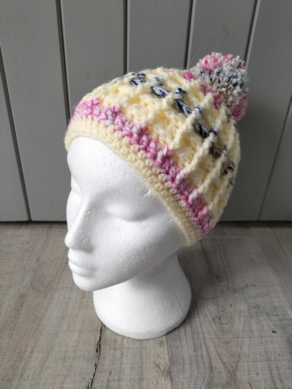 Hand crochet pompom bobble  chunky hat
