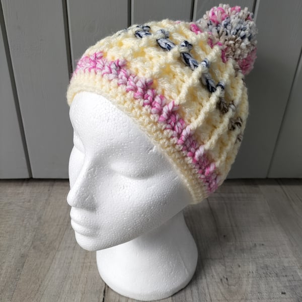 Hand crochet pompom bobble  chunky hat