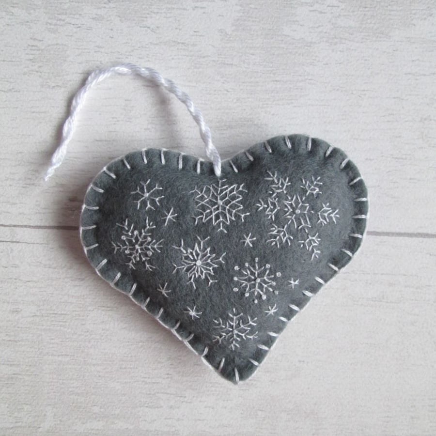 Hand Embroidered Keepsake Heart Christmas Decoration - Snowflakes on Grey