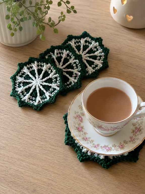 Handmade Crochet Coasters - Set of 4 - Green & White