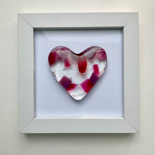 Handmade cast glass heart in frame