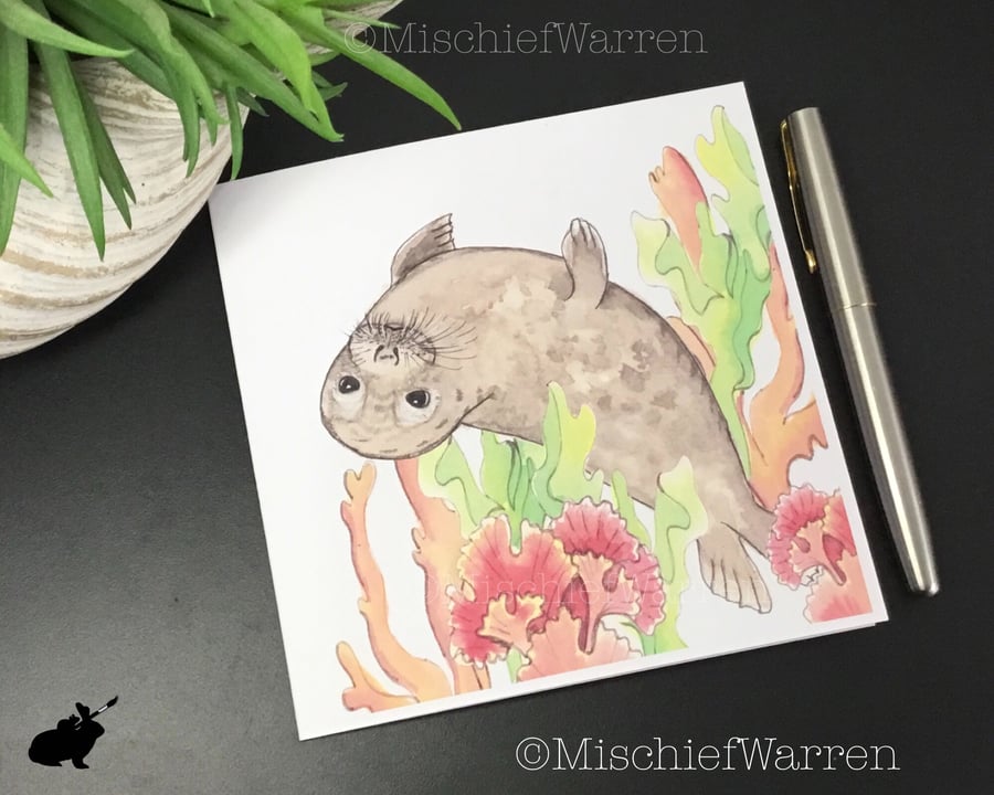 Grey Seal Card - blank or personalised seal art card for any occasion.