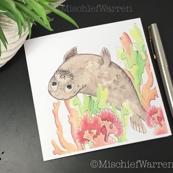 Grey Seal Card - blank or personalised seal art card for any occasion.