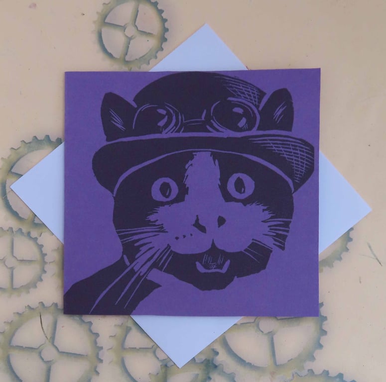 Steampunk Cat Art Greeting Card From Original Lino Cut Print Purple