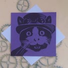 Steampunk Cat Art Greeting Card From Original Lino Cut Print Purple