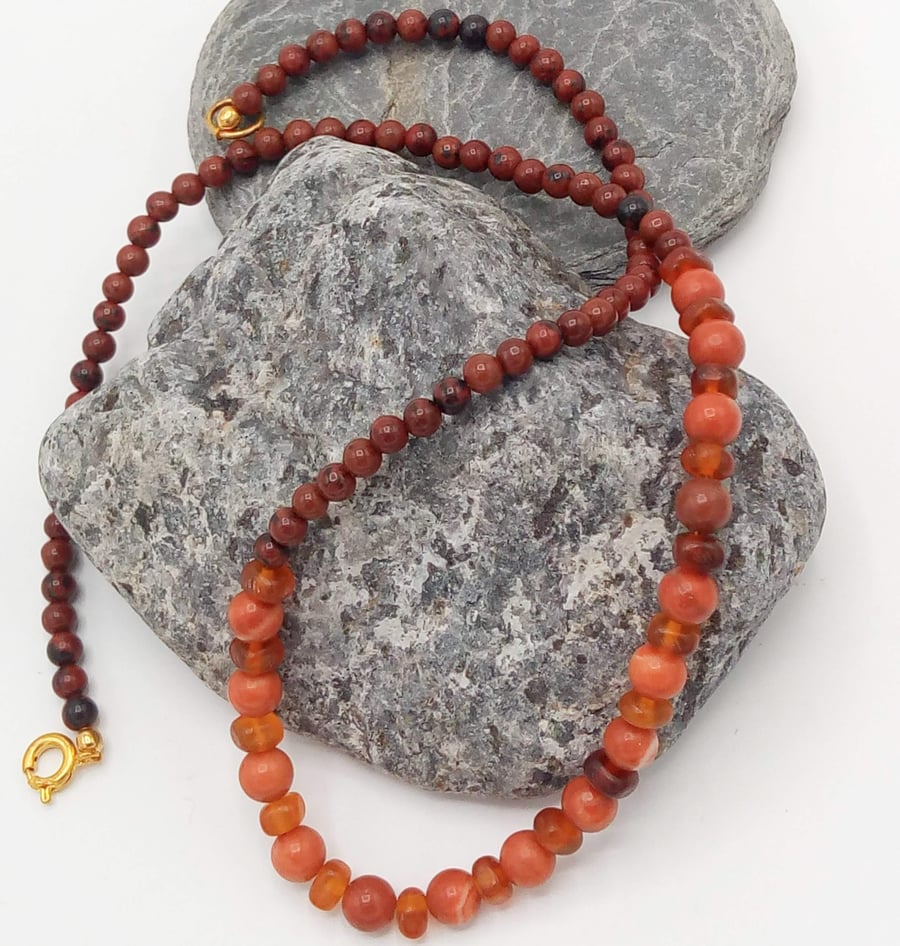 Men's Red Jasper Mahogany Obsidian & Glass Bead Necklace, Men's Beaded Jewellery