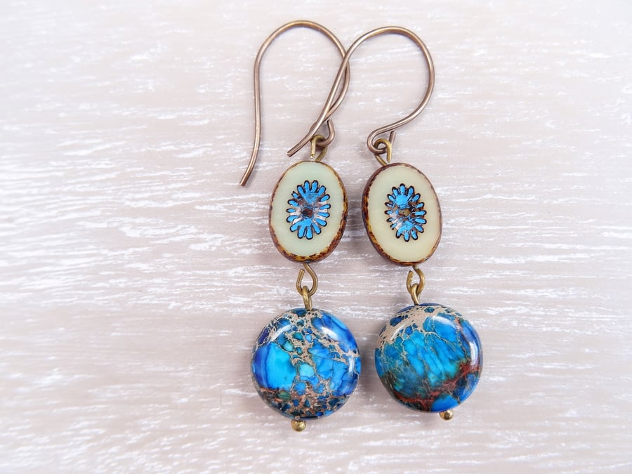 Jasper Earrings, Turquoise Earrings, Czech Glass Earrings, Coin Earrings.