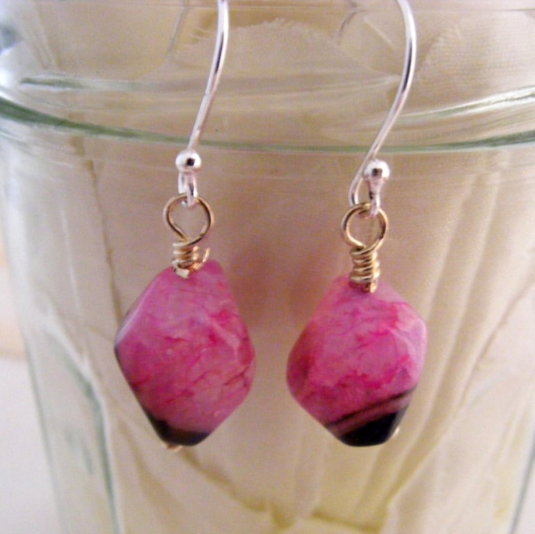 Fuchsia and Black Agate with Quartz Earrings