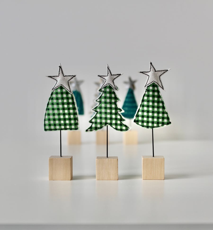 Three Christmas Trees with Wire Stems and Wooden Block Stands