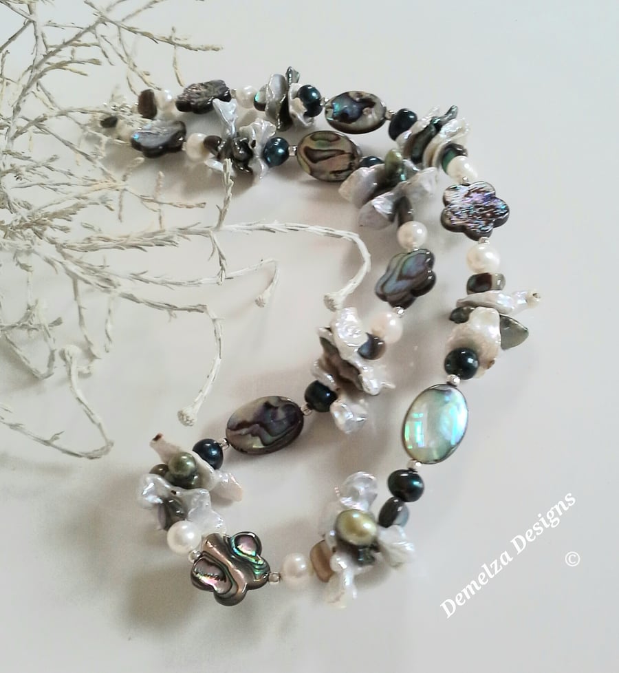 Keshi Freshwater Pearls,  Abolone Shell, Sterling Silver Necklace