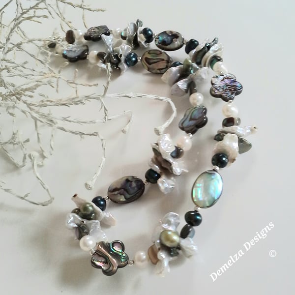 Organic Keshi Freshwater Pearls,  Abolone Shell, Sterling Silver Necklace