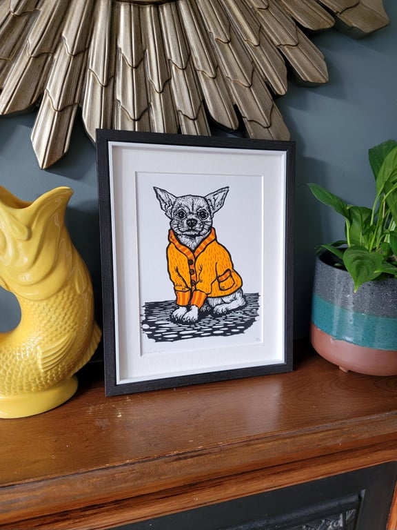 Chihuahua wearing a cardigan - original handmade linocut art dog print