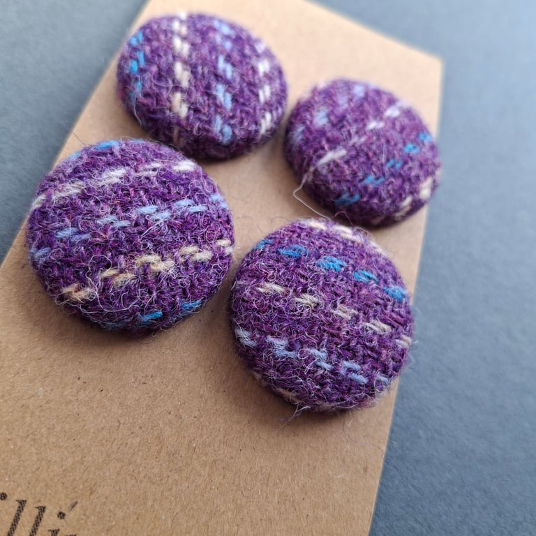 Set of four scrap bag buttons - purple and mutli coloured Harris Tweed
