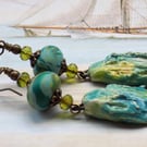 Artisan Ceramic Green Driftwood Earrings, Sea Themed Boho Dangle Earrings, OOAK 
