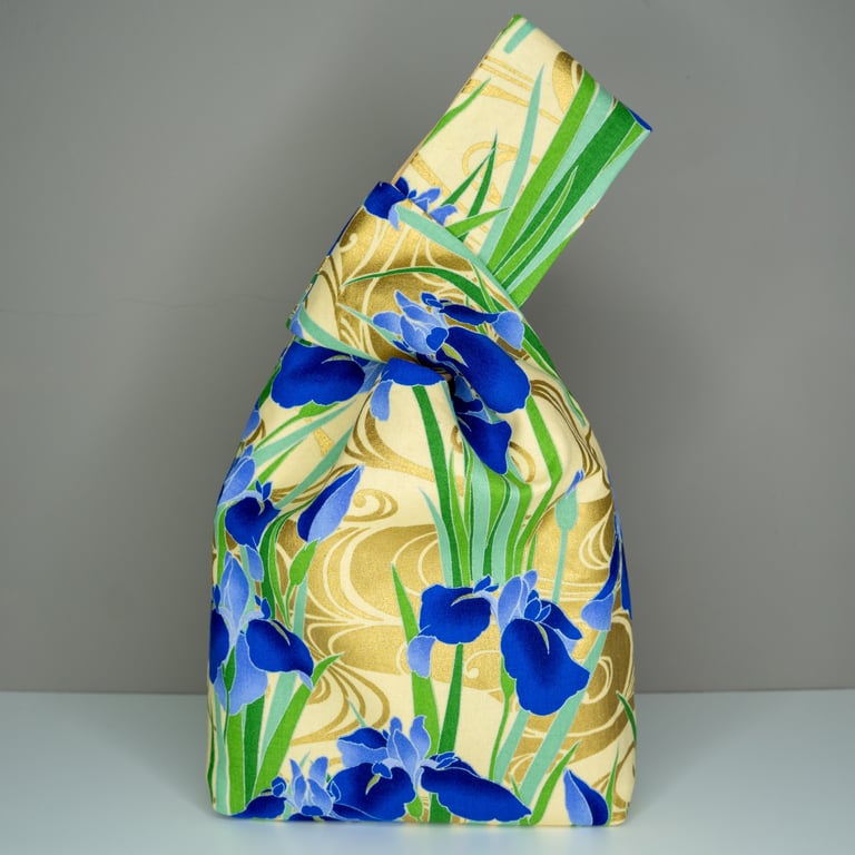 Handmade Japanese Knot Bag - Blue Iris Floral Pattern With Gold Satin 