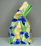 Handmade Japanese Knot Bag - Blue Iris Floral Pattern With Gold Satin 