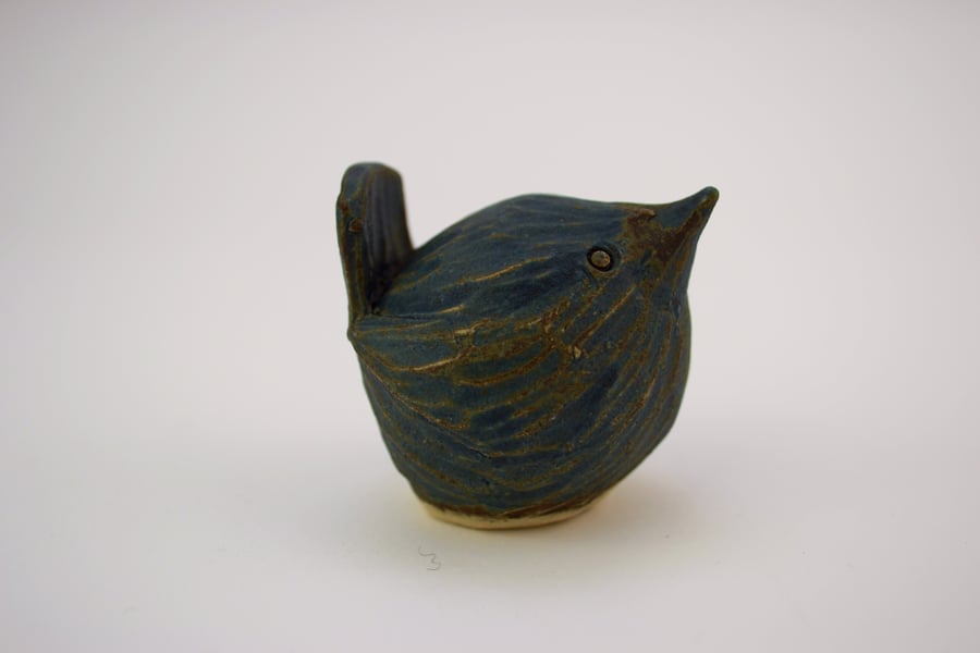 Handmade rustic blue pottery wren