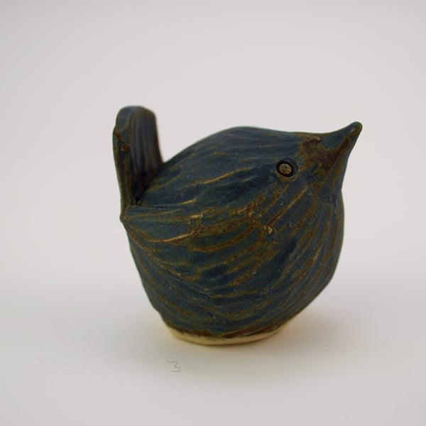Handmade rustic blue pottery wren
