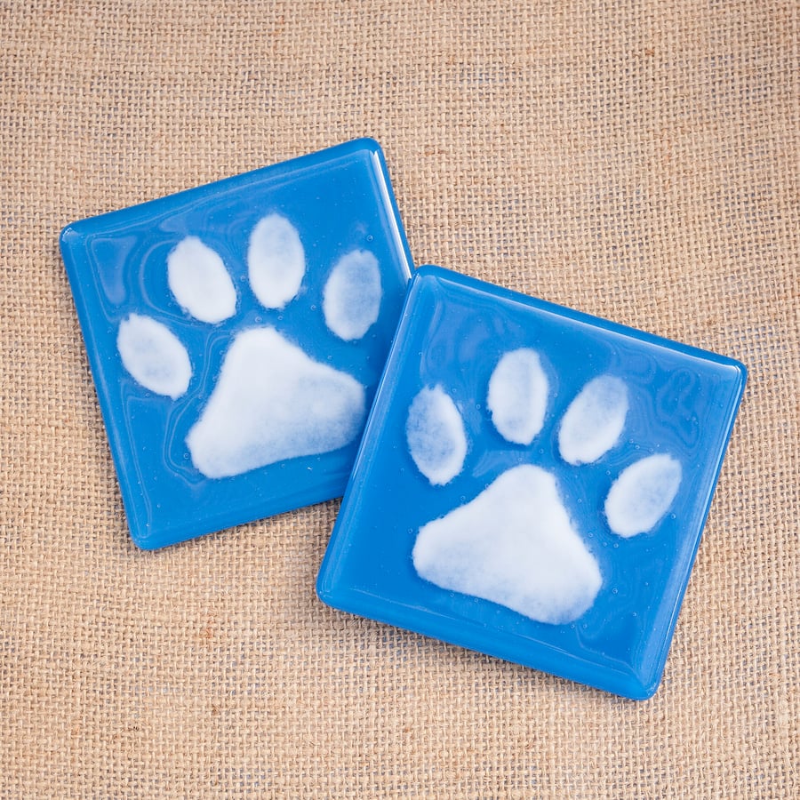 Blue Paw Print Fused Glass Drinks Coaster Dog, Cat, Animal Paw Print Decor